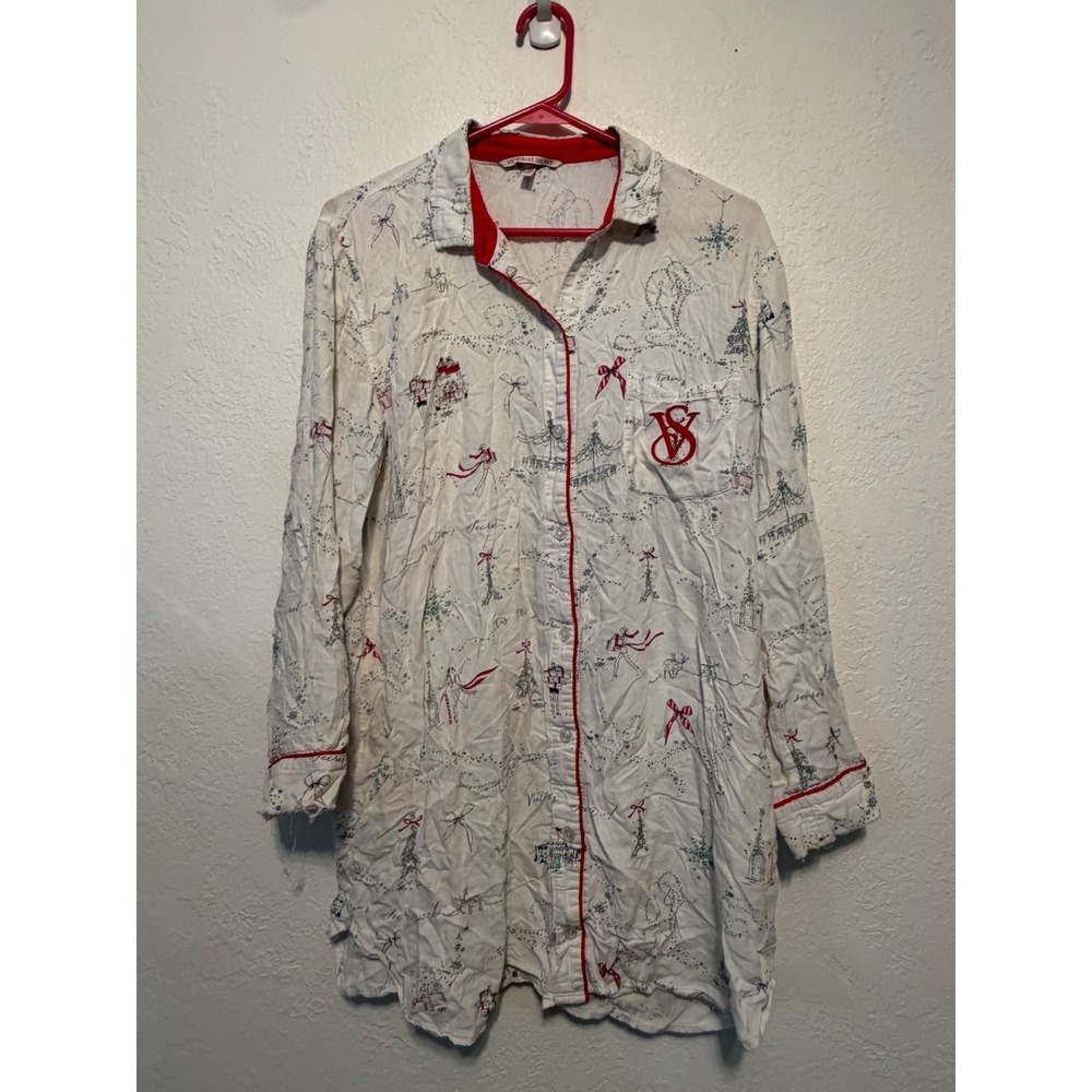 Victorias Secret Paris Holiday Nightshirt White Red Eiffel Tower Sleepwear Small